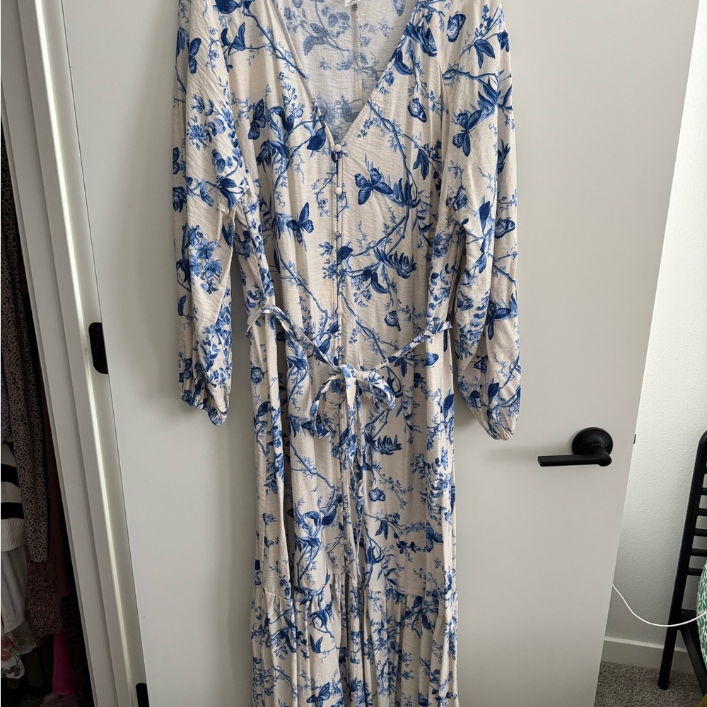 Floral Maxi Dress with Blue and White Pattern